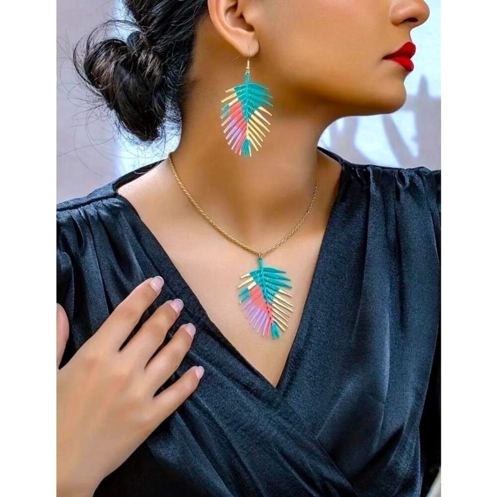 Colorful Boho Leaf Necklace with Matching Leaf Earrings